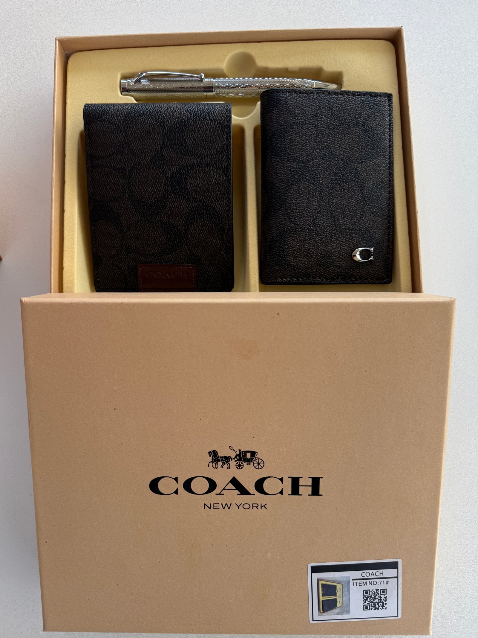 COACH Wallet & Pen Set – Dual Bifold Wallet Gift Set with Box & Bag