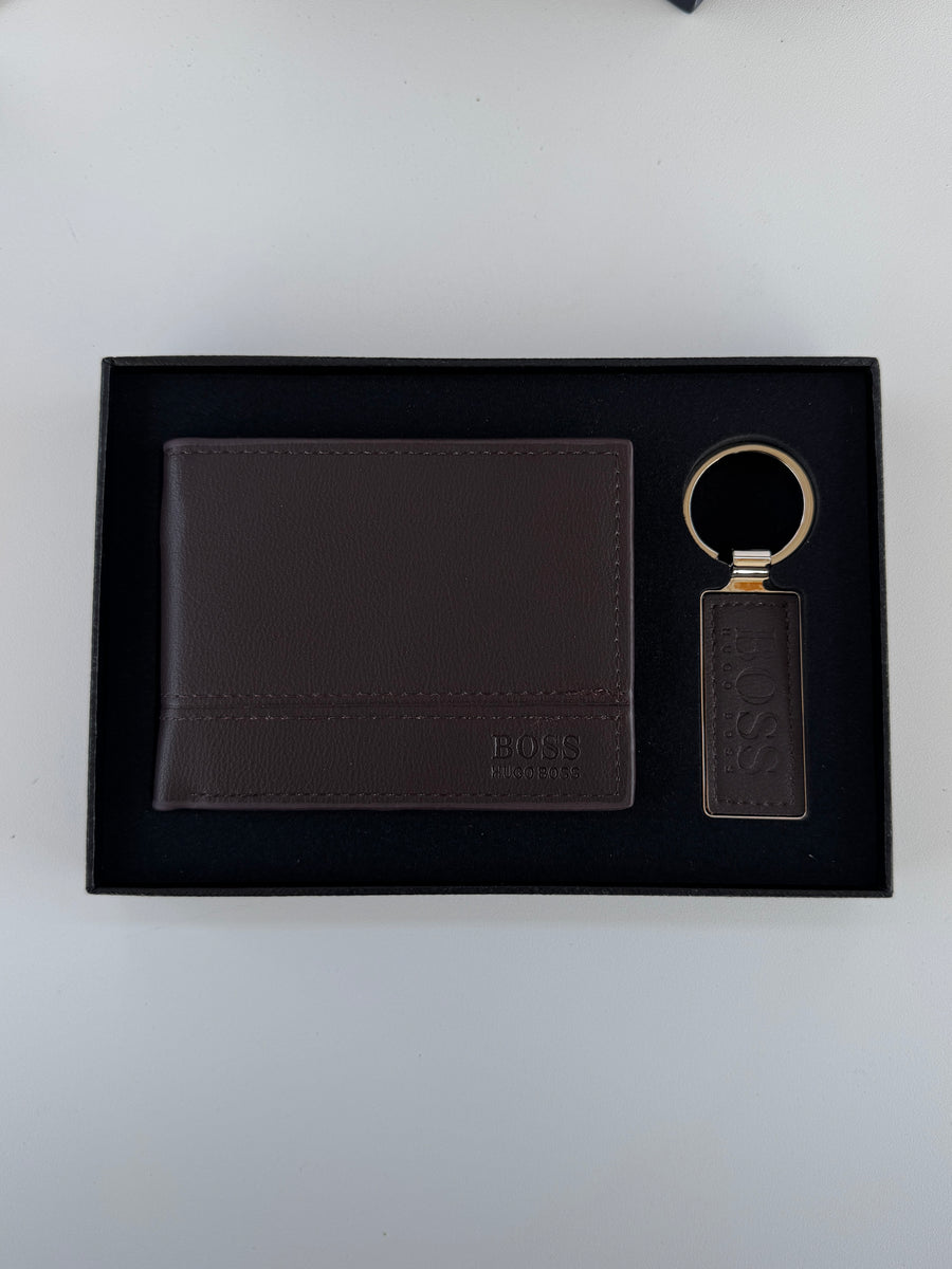 BOSS Wallet & Key Chain Set – Leather Bifold Wallet with Gift Box & Bag