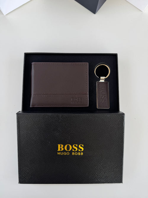 BOSS Wallet & Key Chain Set – Leather Bifold Wallet with Gift Box & Bag