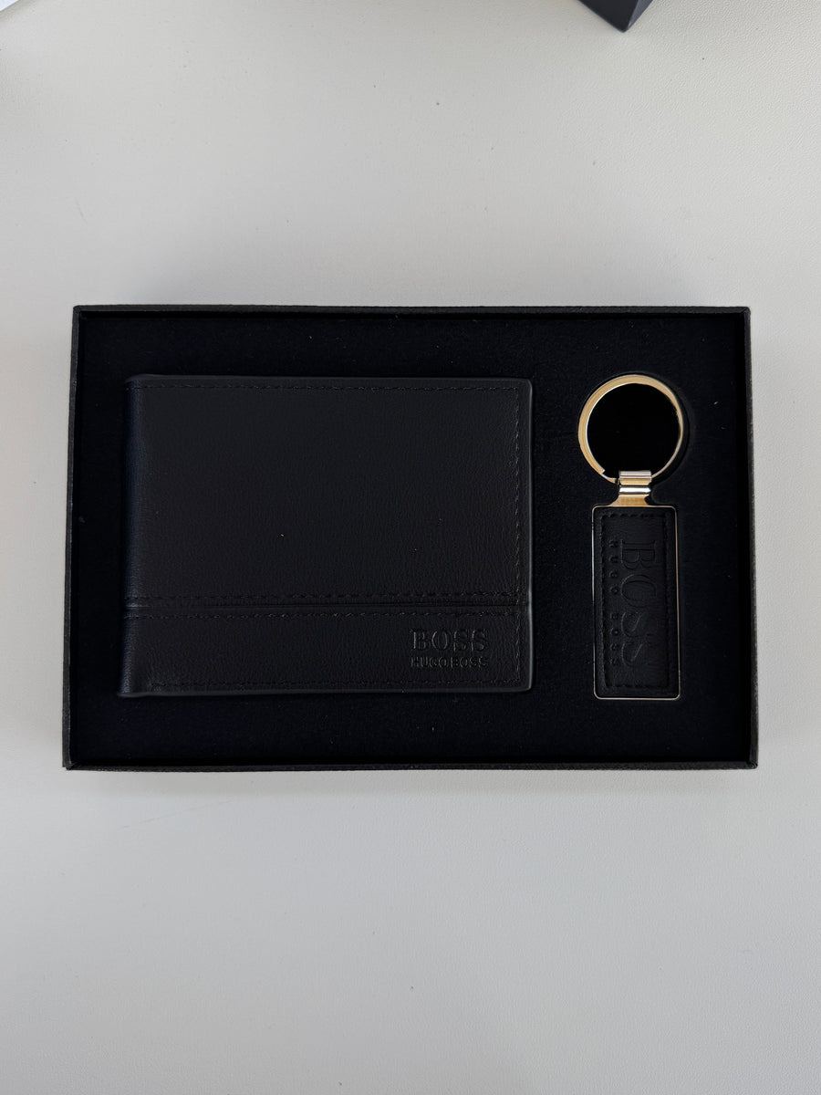 BOSS Wallet & Key Chain Set – Leather Bifold Wallet with Gift Box & Bag