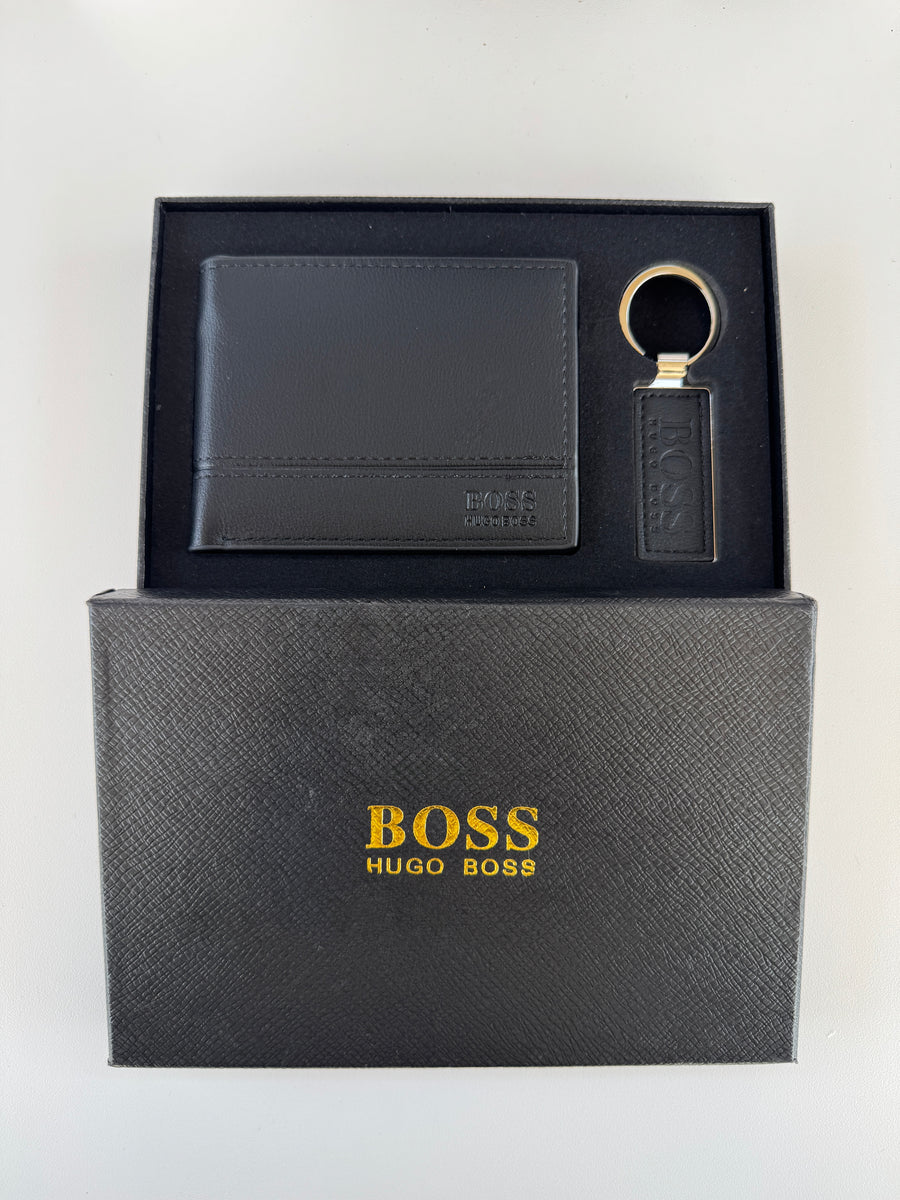BOSS Wallet & Key Chain Set – Leather Bifold Wallet with Gift Box & Bag