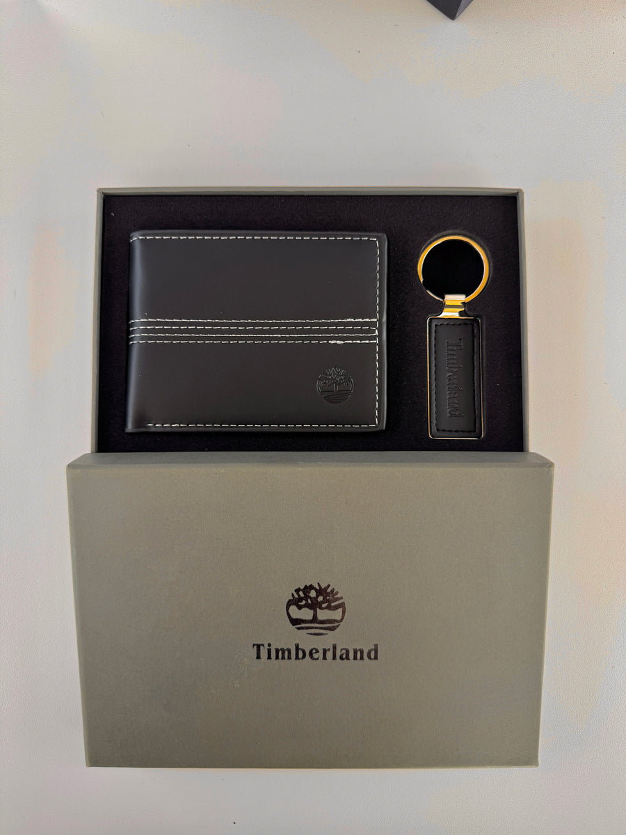 طقم محفظة وميدالية مفاتيح من تمبرلاند – محفظة جلد ثنائية الطي مع صندوق وهدية