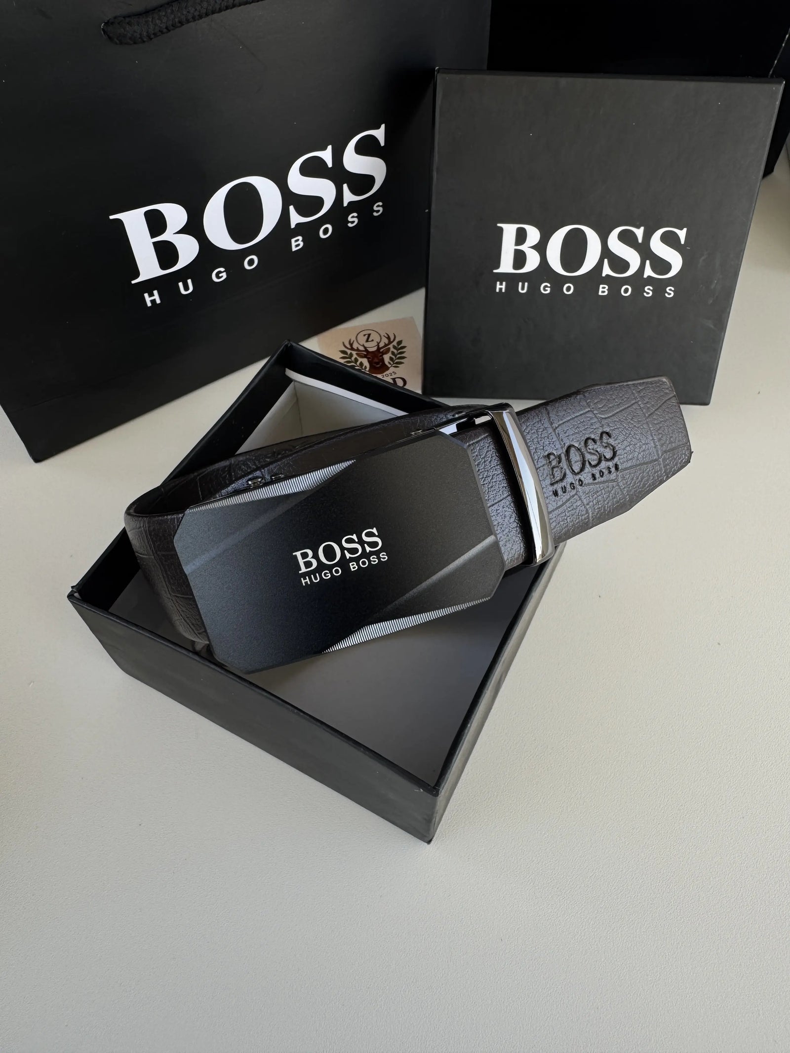 BOSS black Wallet & Brown leather Automatic Belt Set – Premium Gift Set with Box & Bag