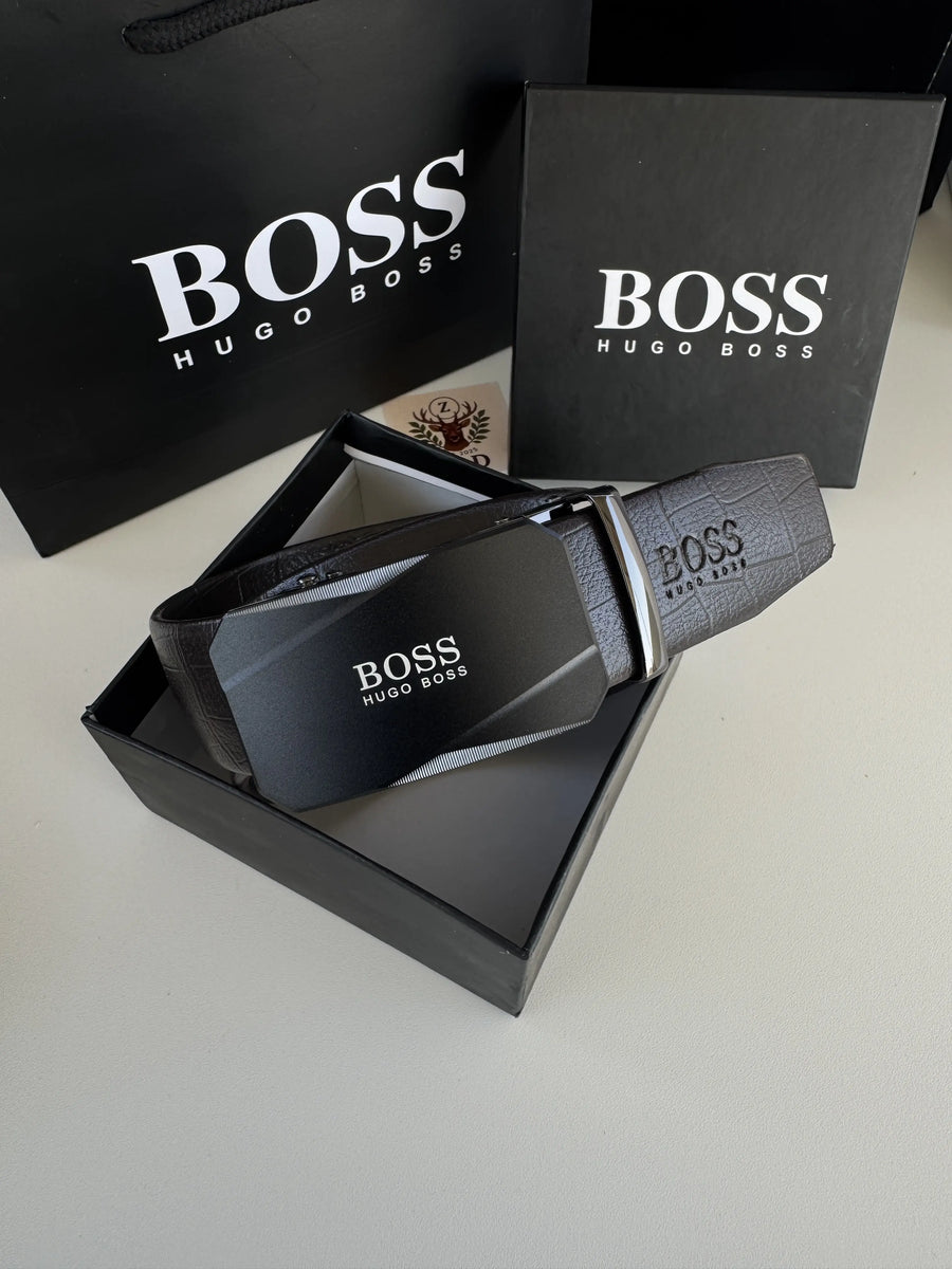 BOSS black Wallet & Brown leather Automatic Belt Set – Premium Gift Set with Box & Bag