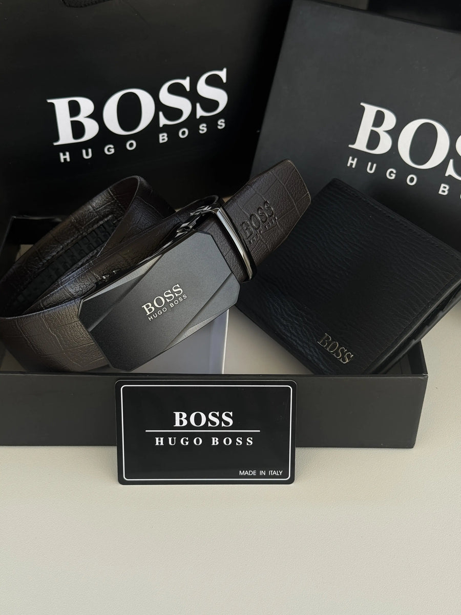 BOSS black Wallet & Brown leather Automatic Belt Set – Premium Gift Set with Box & Bag