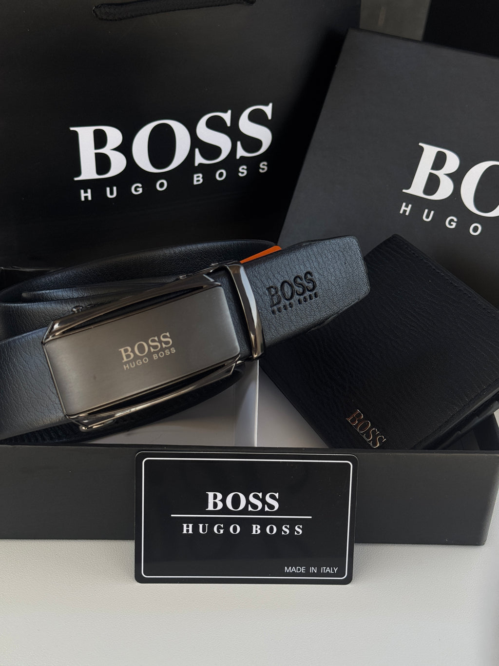 طقم محفظة وحزام أوتوماتيكي من BOSS – مجموعة هدايا فاخرة مع صندوق وحقيبة