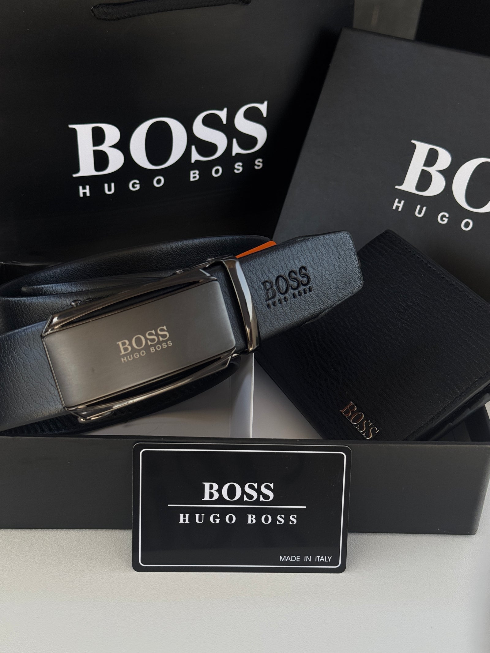 BOSS Wallet & Automatic Belt Set – Premium Gift Set with Box & Bag