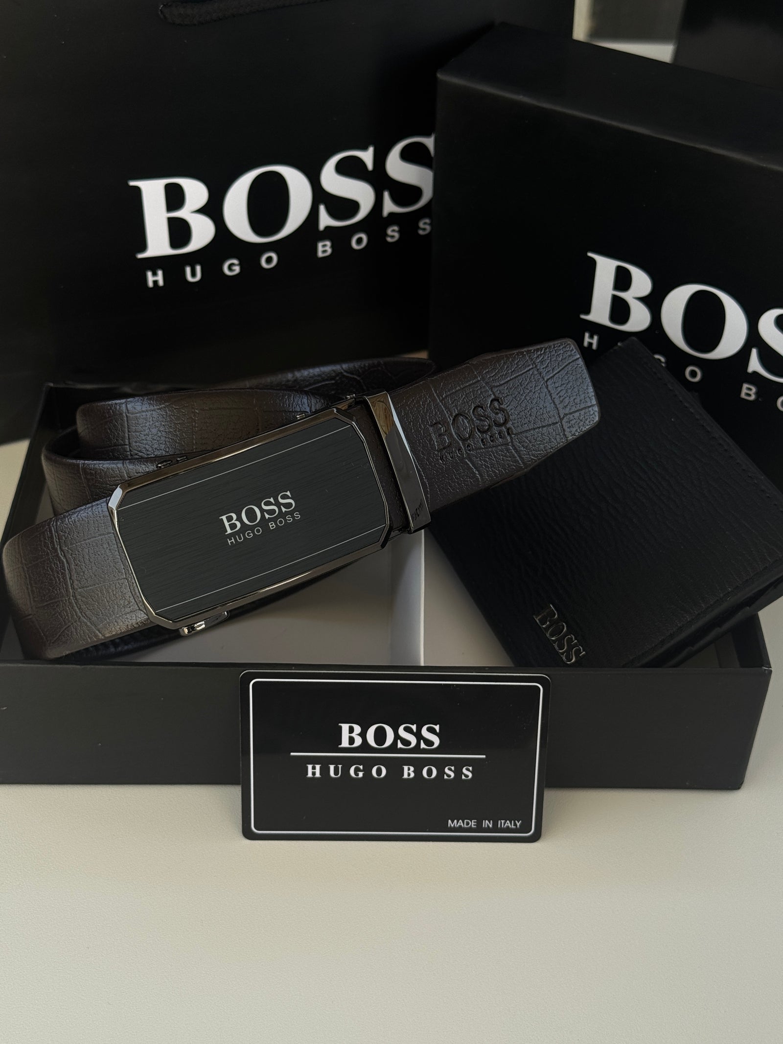 BOSS Wallet & Automatic Belt Set – Premium Gift Set with Box & Bag