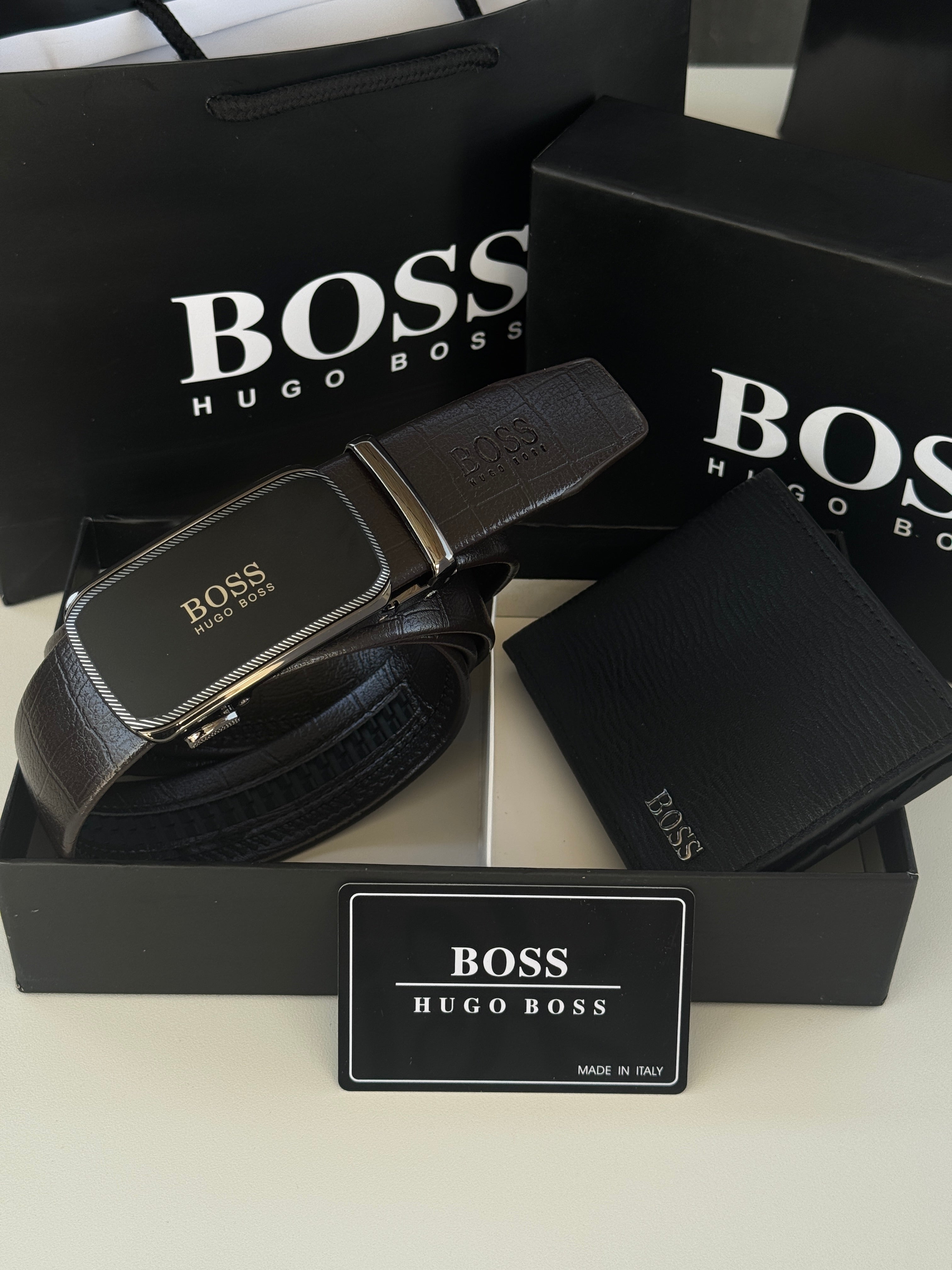 طقم محفظة وحزام أوتوماتيكي من BOSS - مجموعة هدايا فاخرة مع صندوق وحقيبة