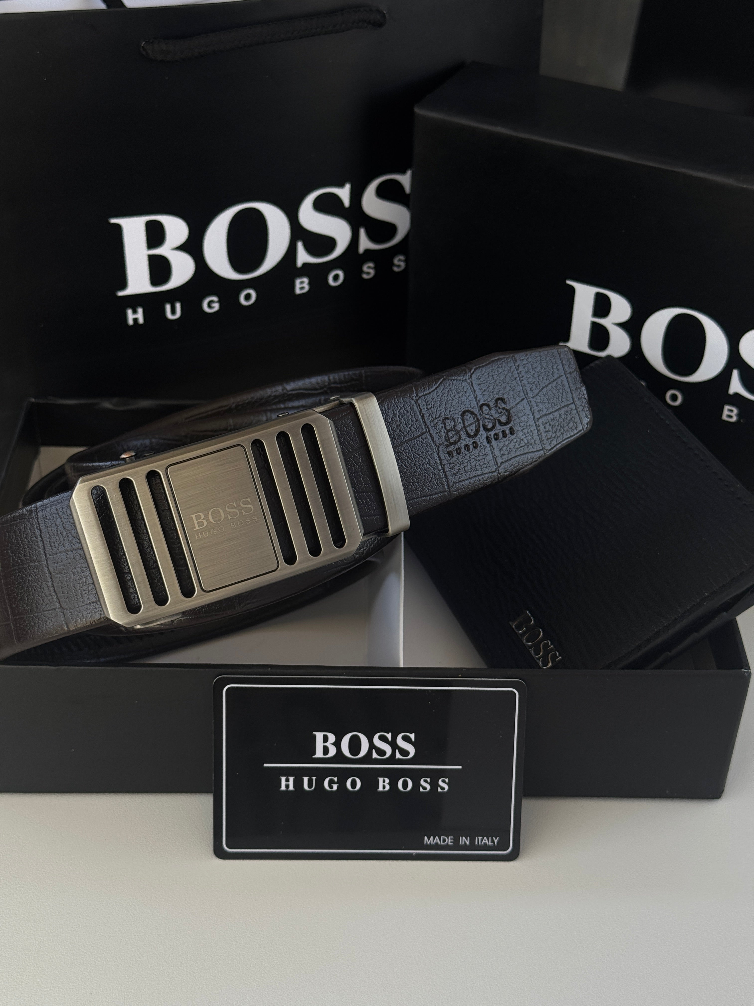 BOSS Wallet & Automatic Belt Set – Premium Gift Set with Box & Bag