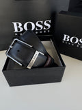 حزام BOSS مزدوج الوجه – أسود وبني بوجهين مع إبزيم كلاسيكي
