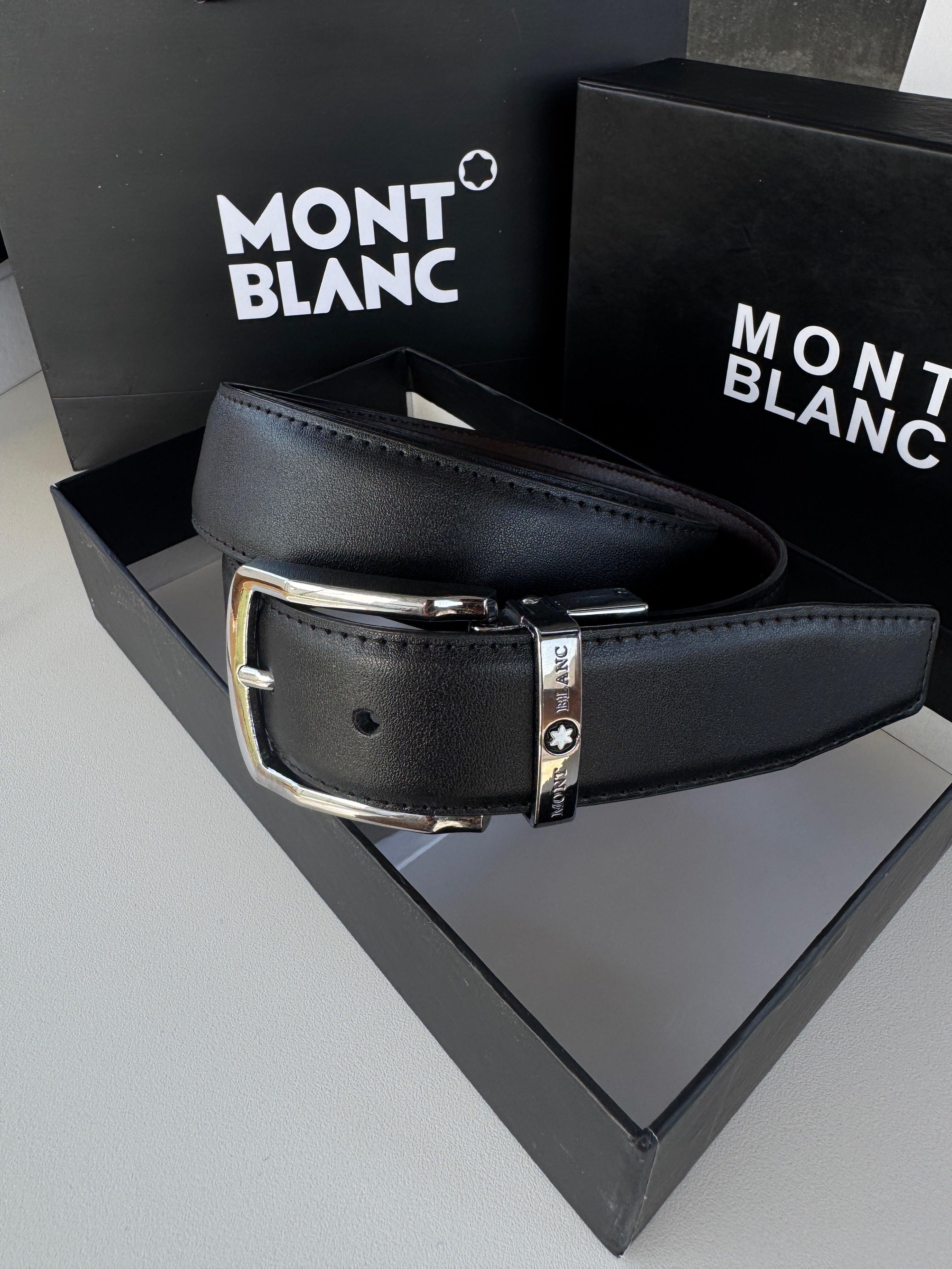 MONT BLANC Double Face Belt – Black & Brown Reversible with Classic Buckle