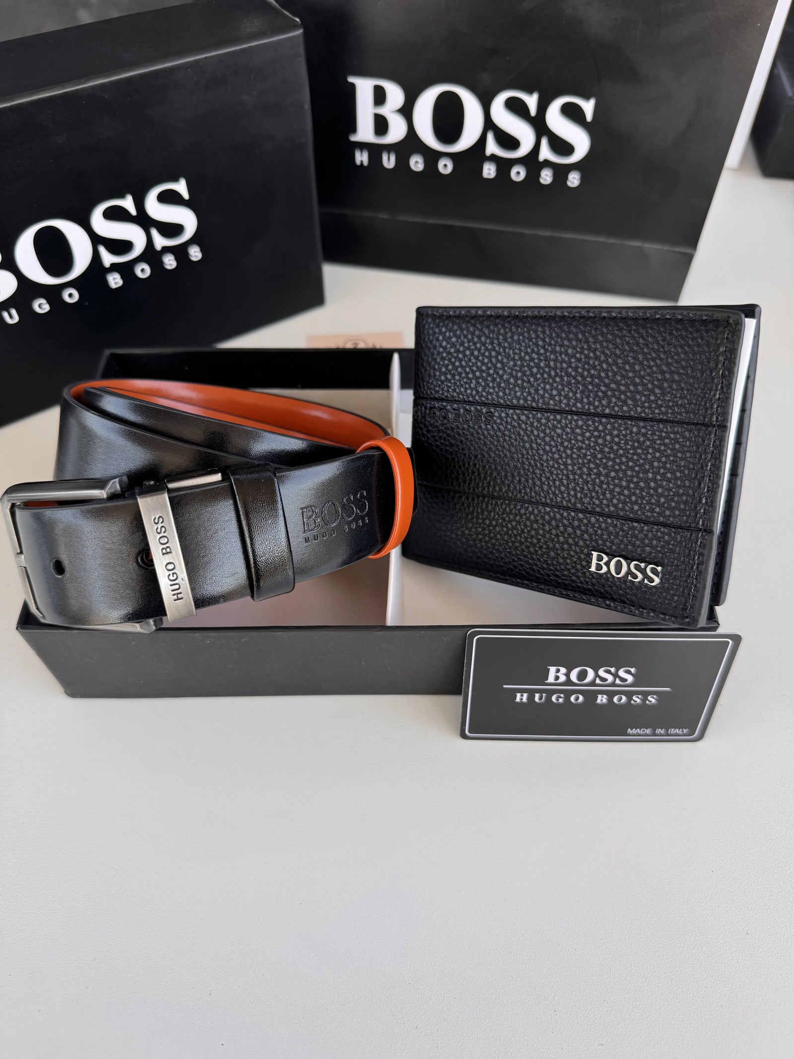 BOSS Wallet & Double Face Belt Set – Premium Gift Set with Box & Bag
