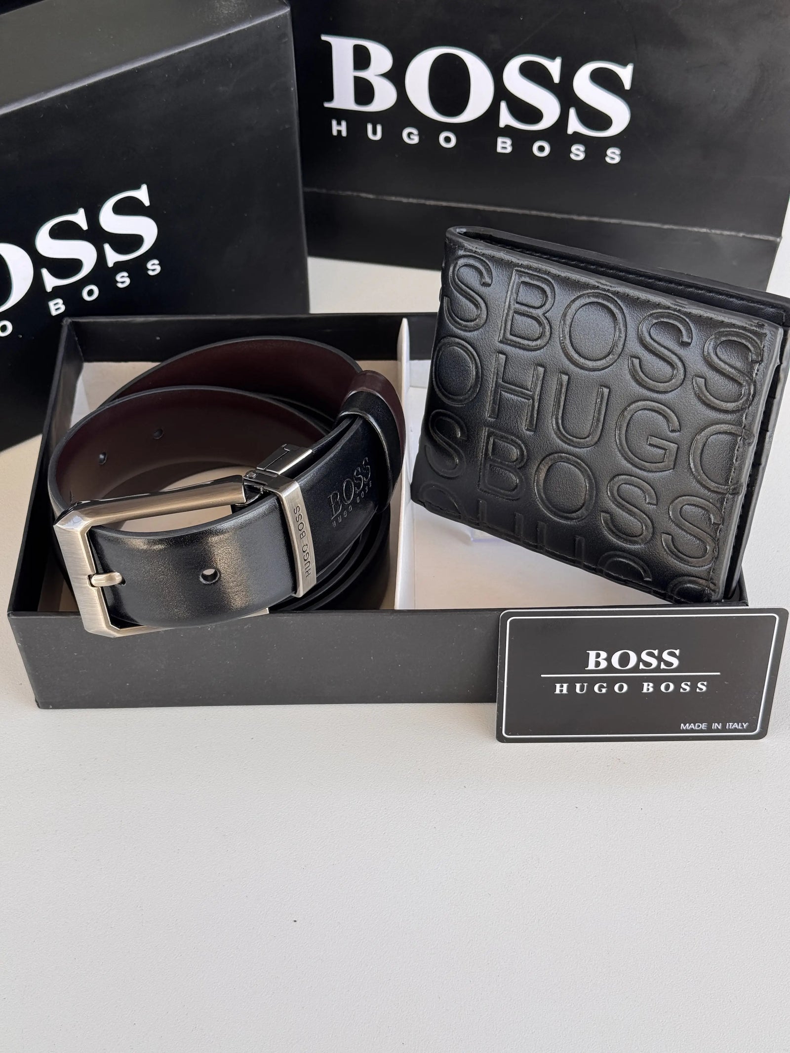 BOSS Wallet & Double Face Belt Set – Premium Gift Set with Box & Bag