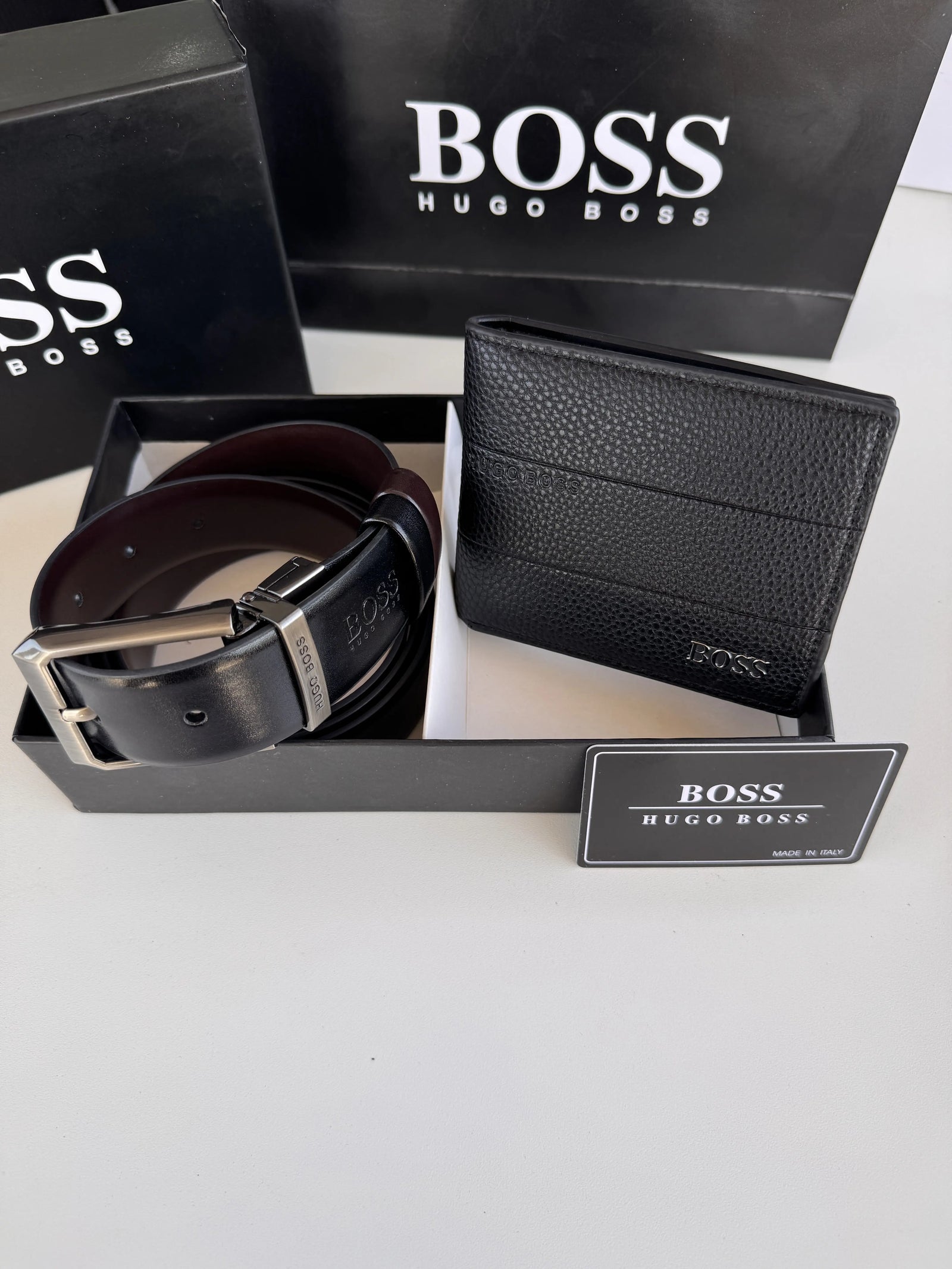 BOSS Wallet & Double Face Belt Set – Premium Gift Set with Box & Bag