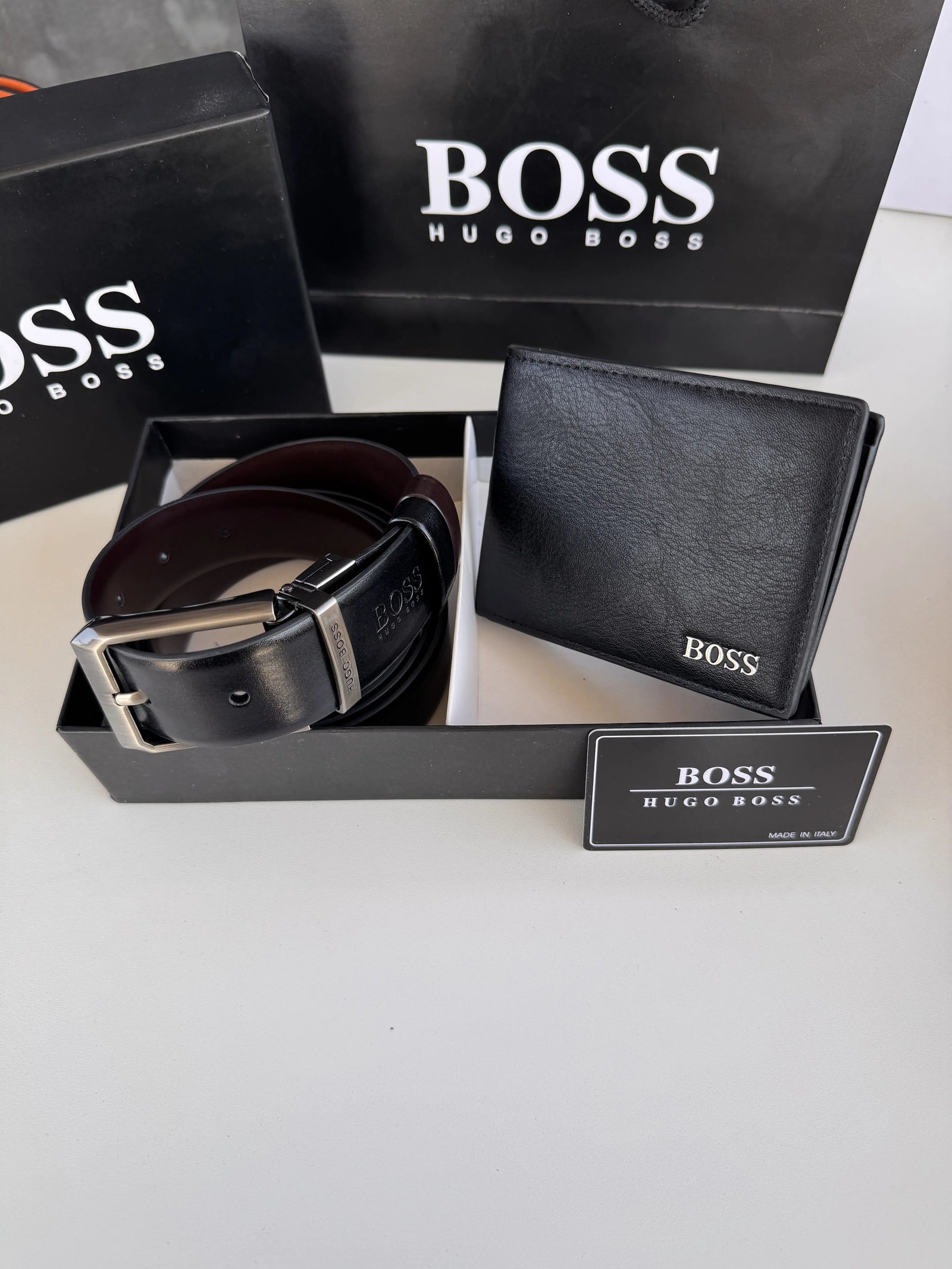 BOSS Wallet & Double Face Belt Set – Premium Gift Set with Box & Bag