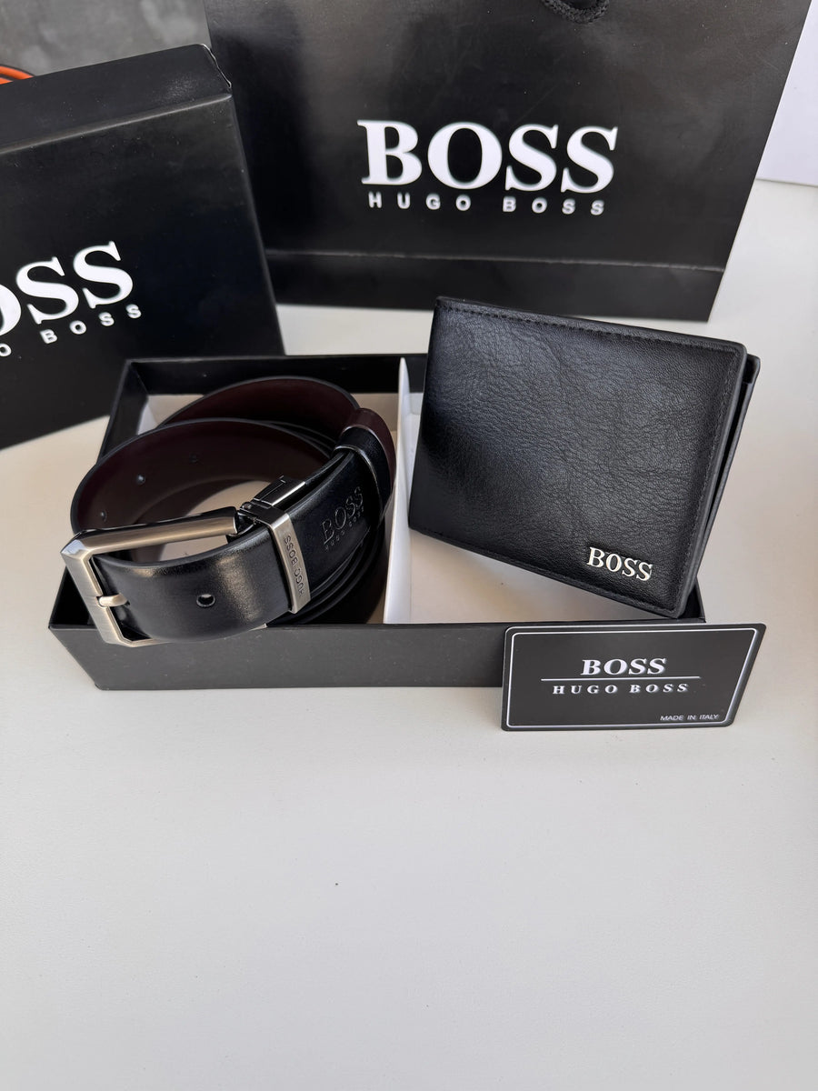 BOSS Wallet & Double Face Belt Set – Premium Gift Set with Box & Bag