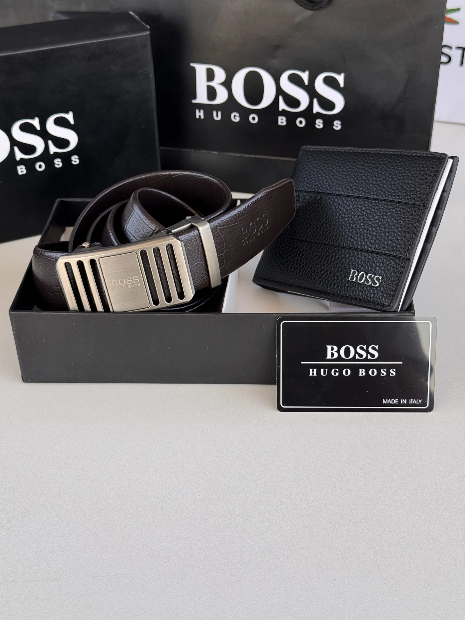 BOSS Wallet & Automatic Belt Set – Premium Gift Set with Box & Bag