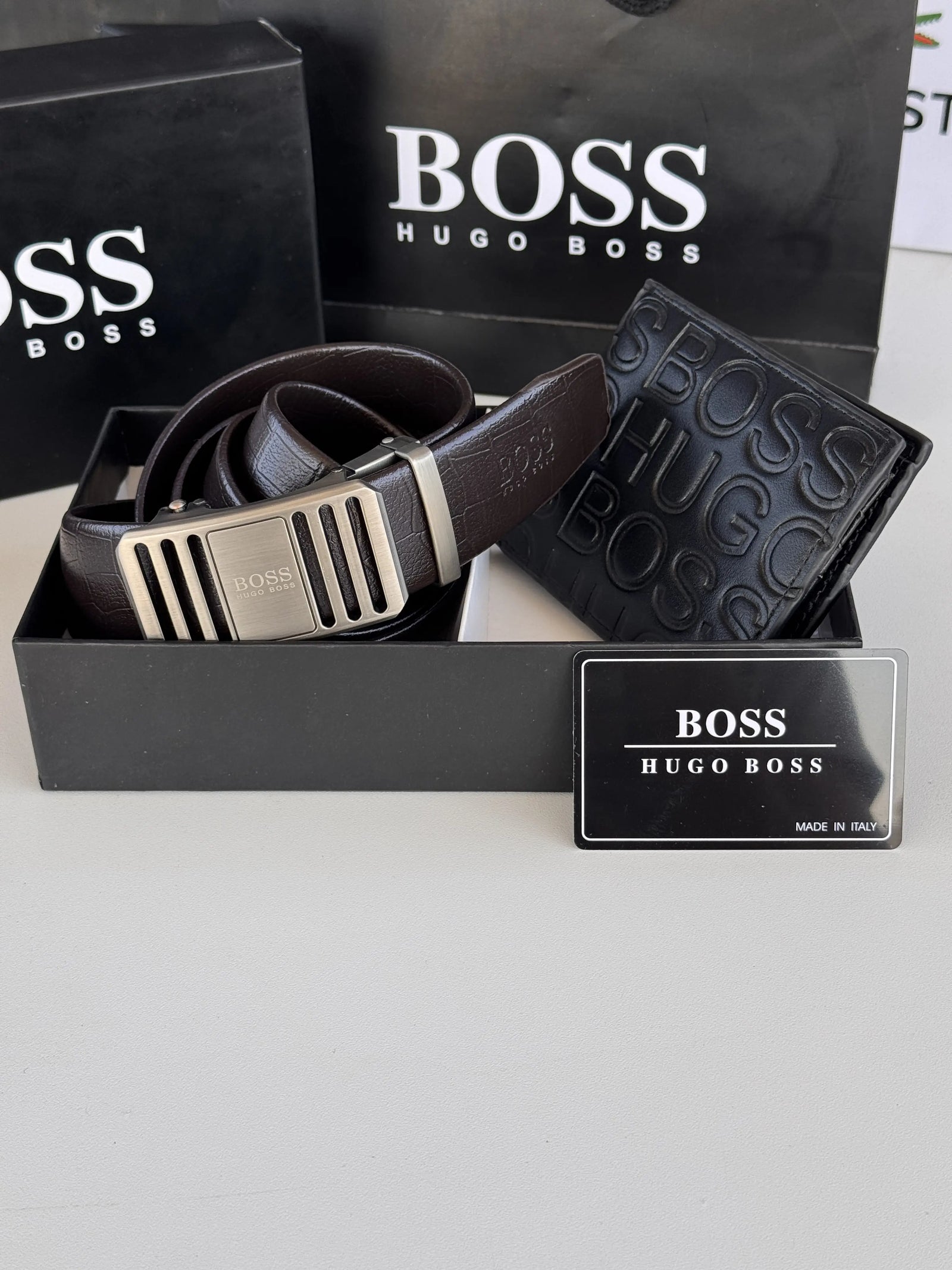 BOSS Wallet & Automatic Belt Set – Premium Gift Set with Box & Bag