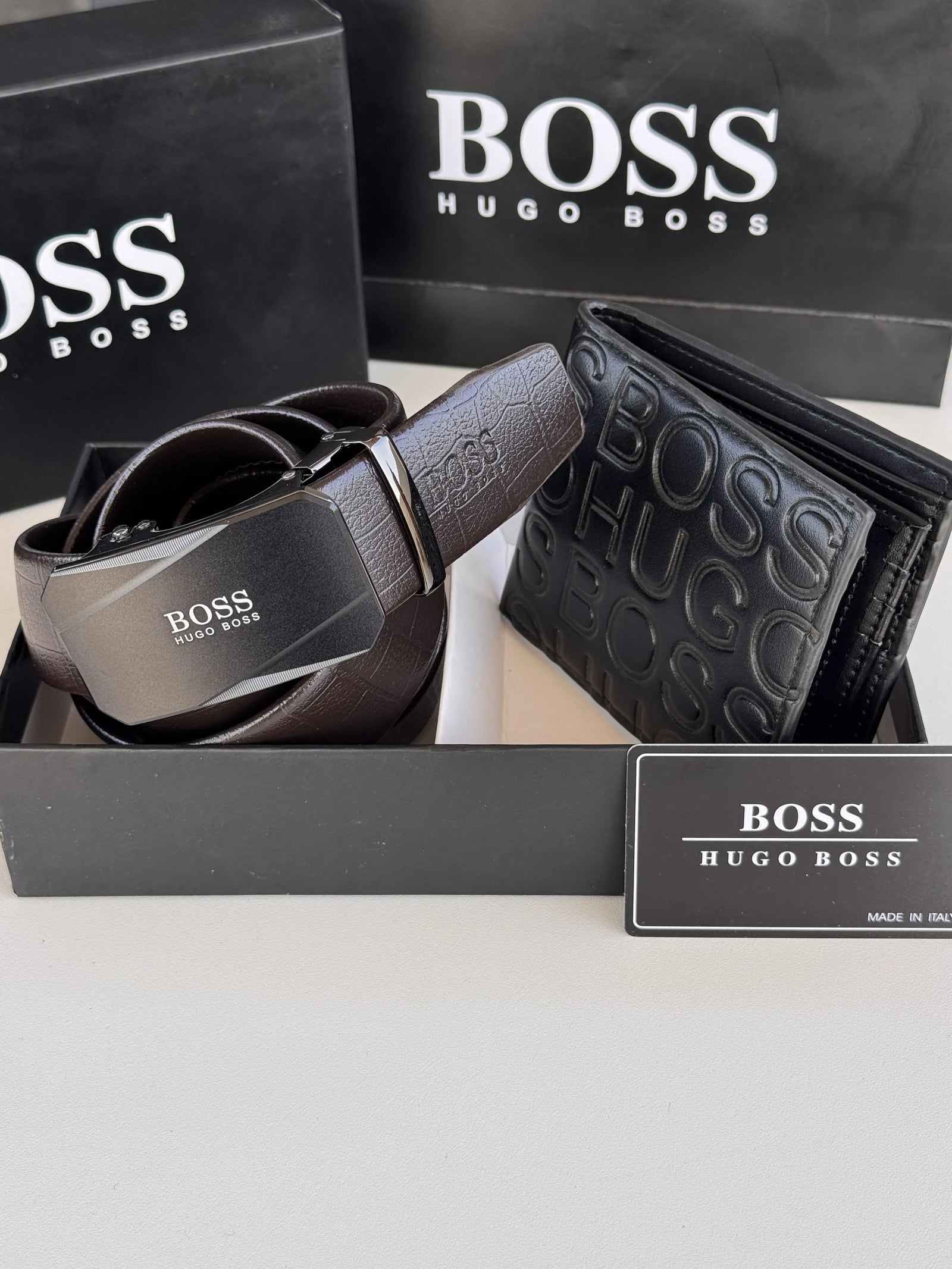 BOSS Wallet & Automatic Belt Set – Premium Gift Set with Box & Bag