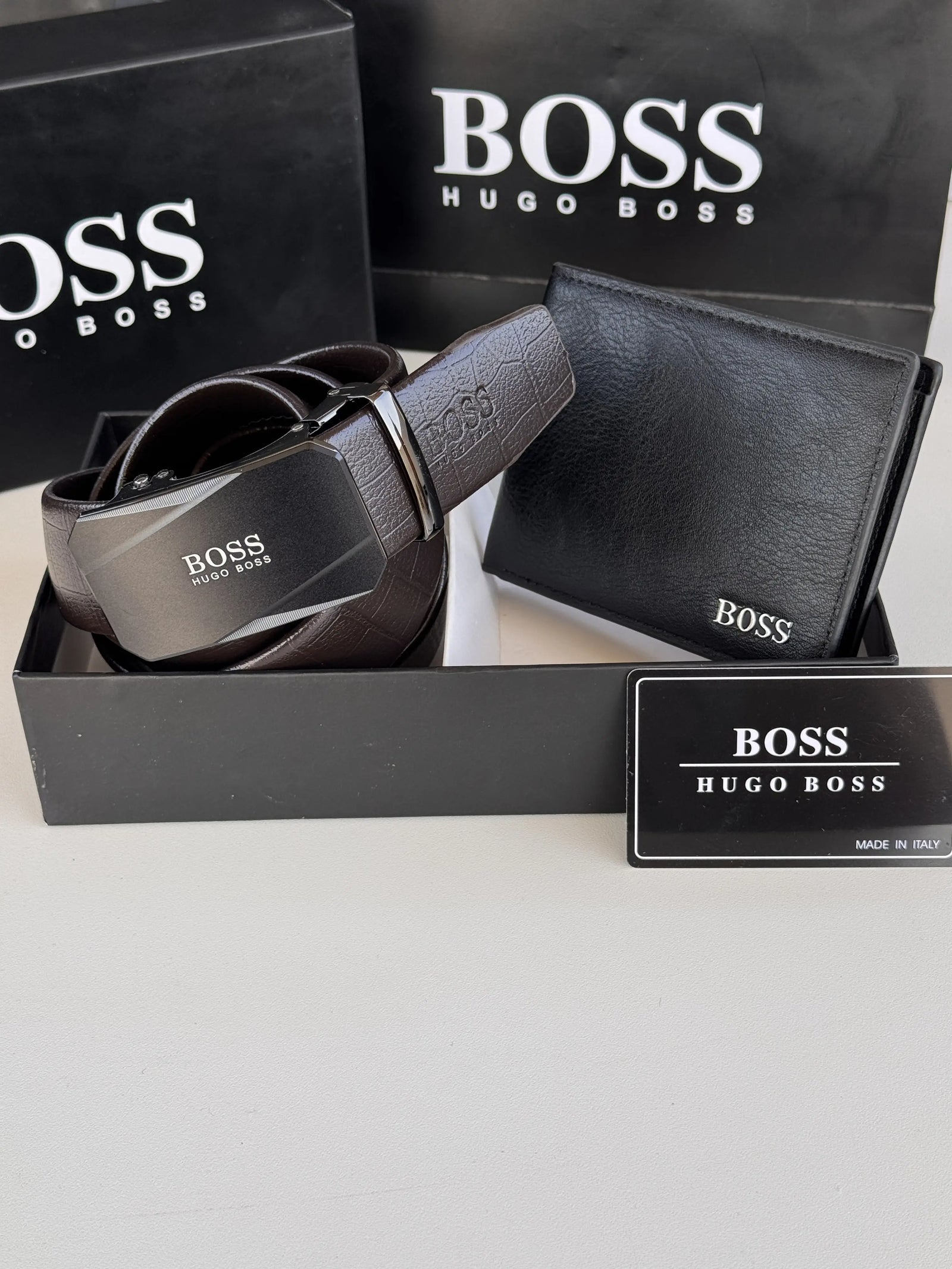 BOSS Wallet & Automatic Belt Set – Premium Gift Set with Box & Bag