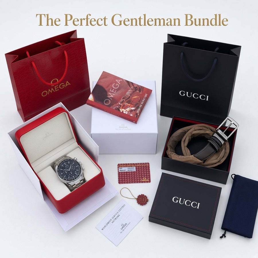 Omega Seamaster Metal Watch & Gucci Double Face Belt – Premium Gift Set