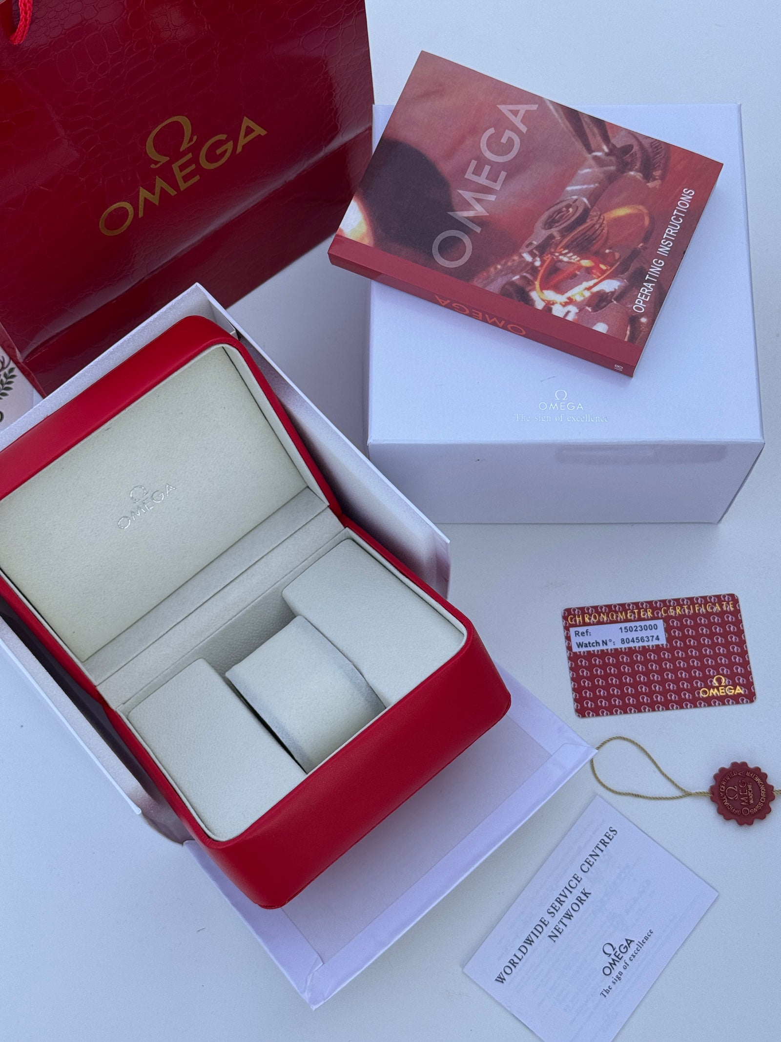 Omega Watch Packaging Set – Premium Box with Cards, Catalogs & Shopping Bag