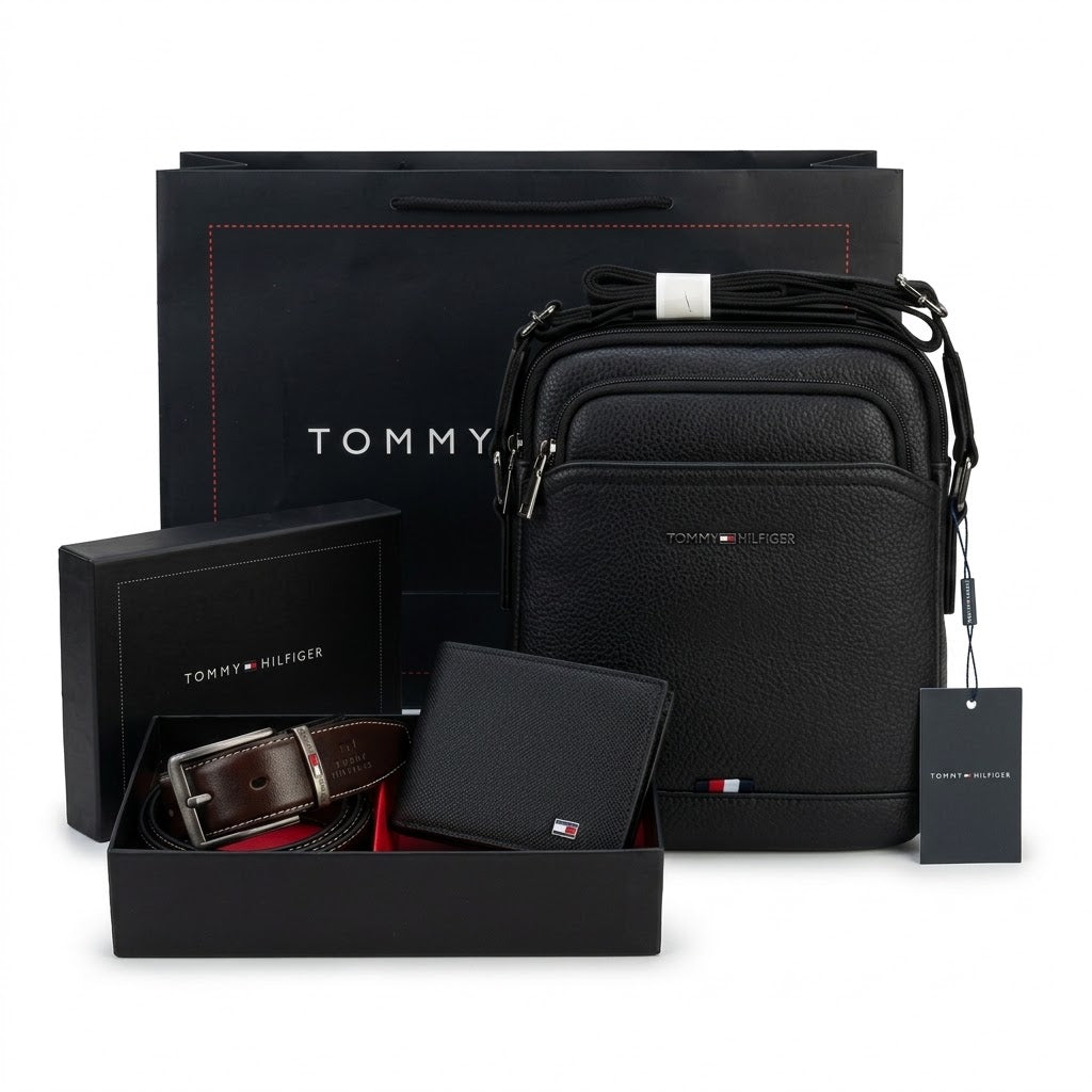 Business Man Travel Bundle - Tommy Hilfiger Leather Crossbody Bag, Reversible Belt & Wallet Bundle