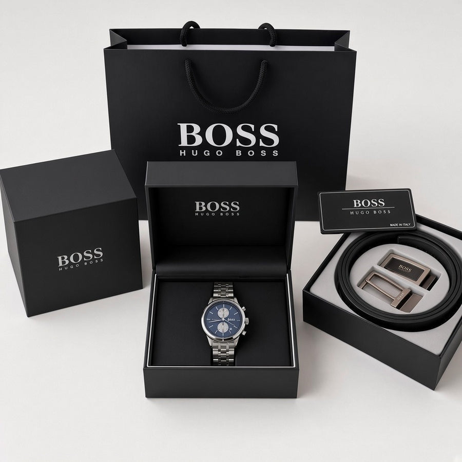 HUGO BOSS Metal Watch & BOSS Reversible Belt – Premium Gift Bundle