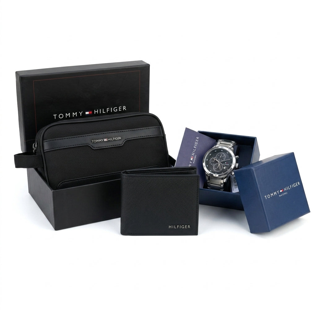 Tommy Hilfiger Leather Handbag, Bifold Wallet & Metal Watch Bundle