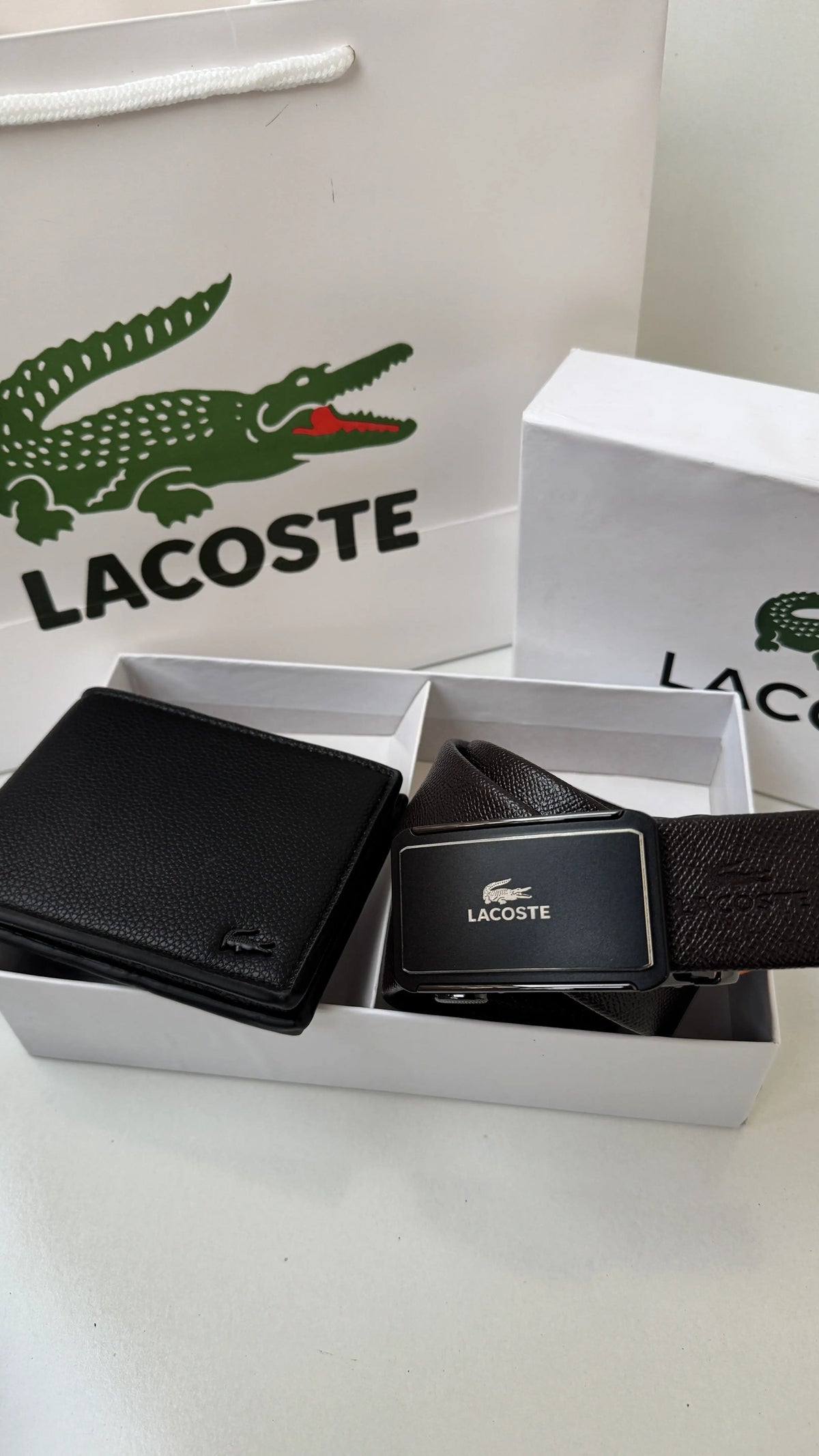 LACOSTE Wallet & Automatic Belt Set – Premium Gift Set with Box & Bag