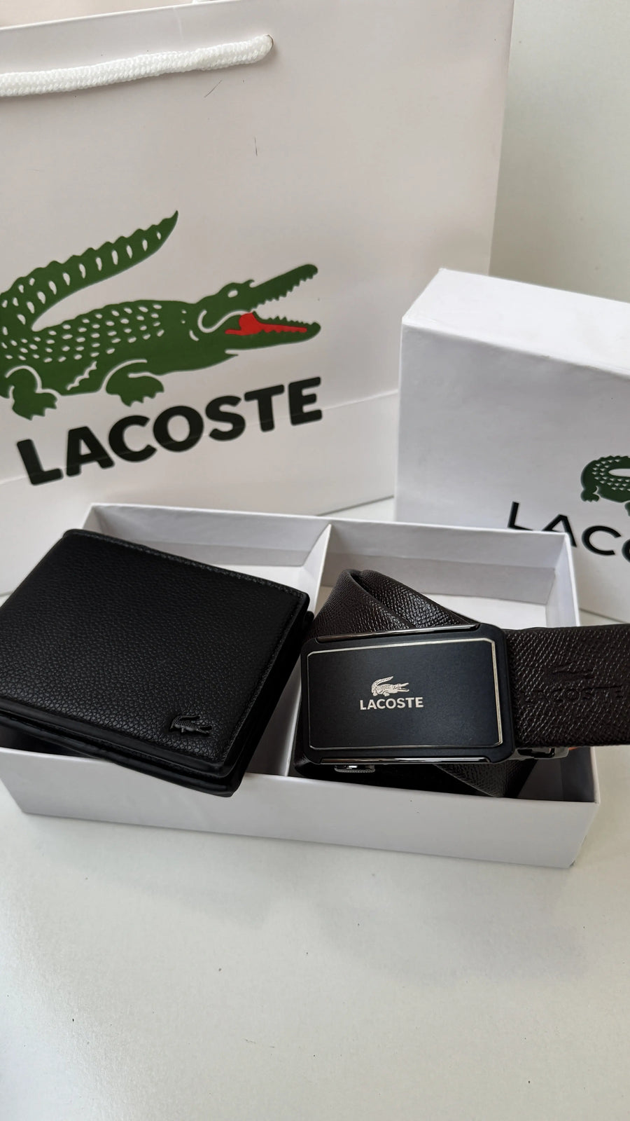 LACOSTE Wallet & Automatic Belt Set – Premium Gift Set with Box & Bag