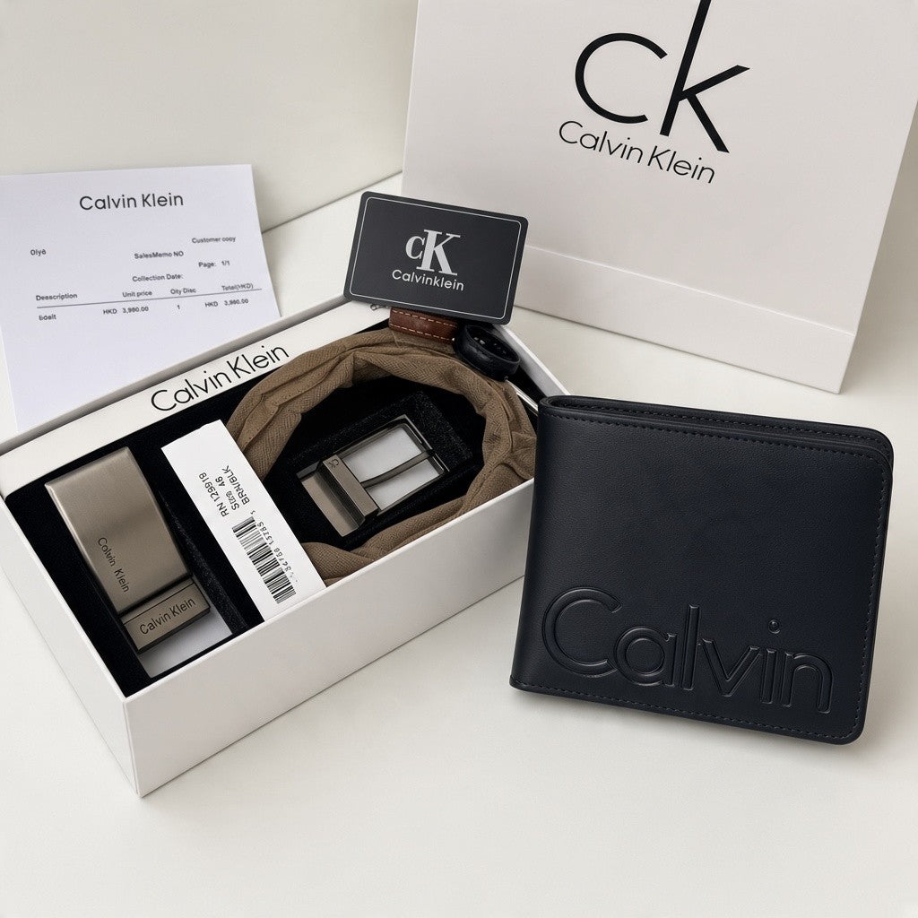 Calvin Klein Reversible Belt & Leather Bifold Wallet – Premium Gift bundle
