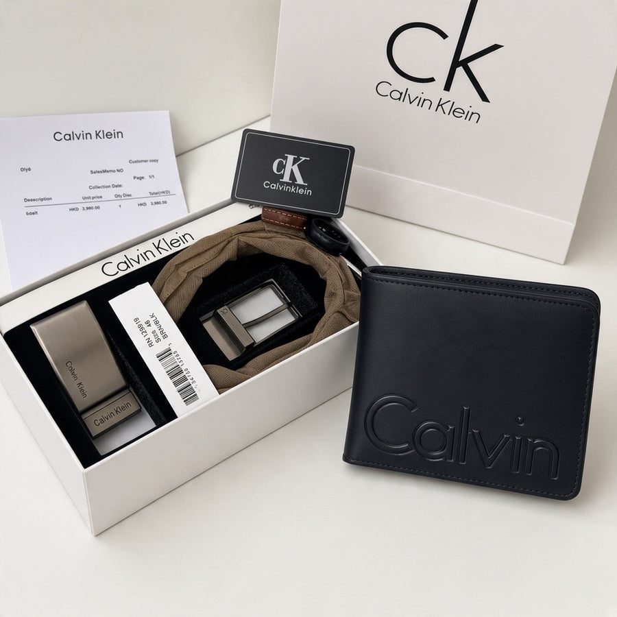 Calvin Klein Reversible Belt & Leather Bifold Wallet – Premium Gift bundle