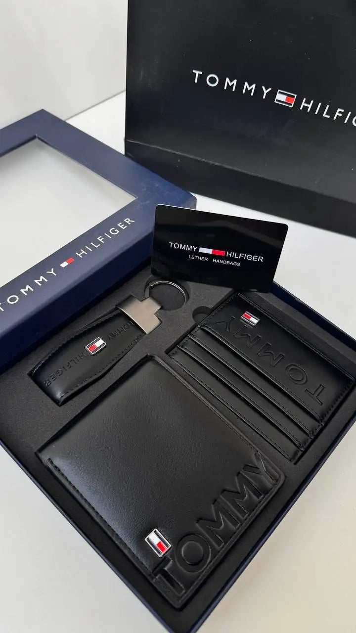 Tommy Hilfiger Wallet, Card Holder & Key Chain Set – Premium Gift Set with Box & Bag