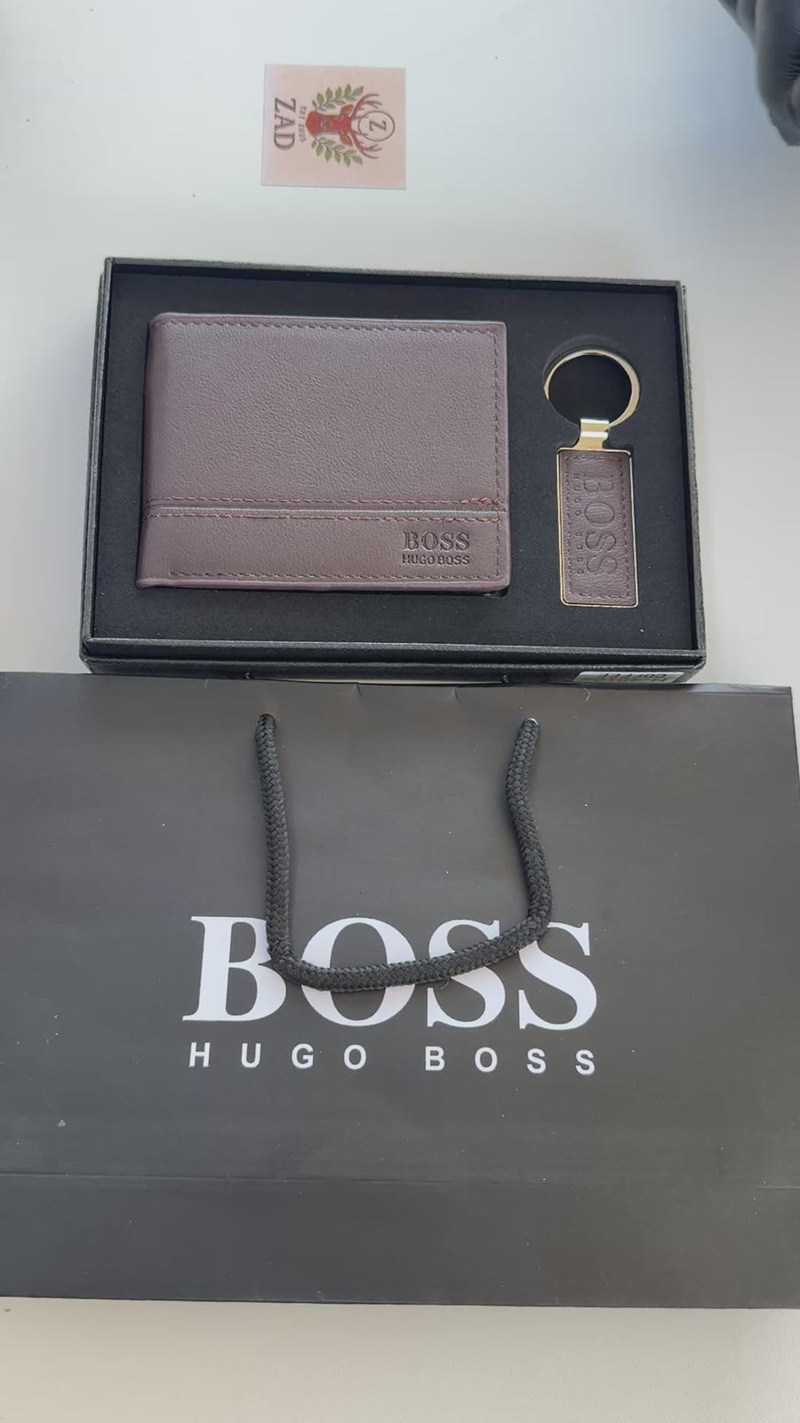 BOSS Wallet & Key Chain Set – Leather Bifold Wallet with Gift Box & Bag